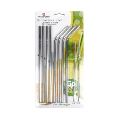 S/S Straws Set of 8 26.5cm 4 Straight & 4 Curved & 2 Cleaning Brushes
