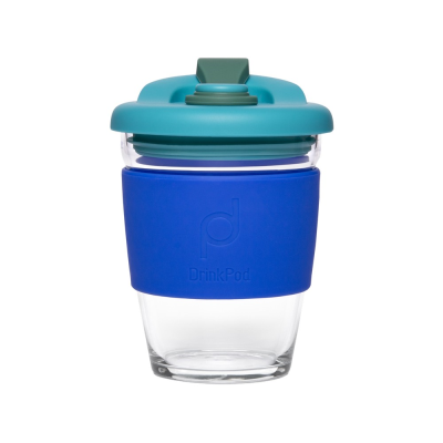 Drink Pod Re-Useable Coffee Cup Glass 340ml Blue